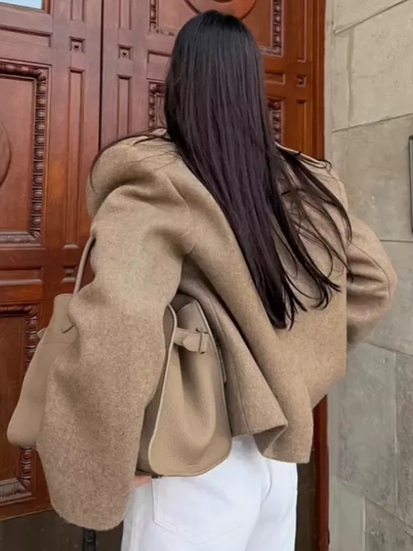 Oatmeal Wide Lapel Women's Short Blazer - Padded Shoulder Boxy Fit Jacket - Chic Spring Street Outfits 2026