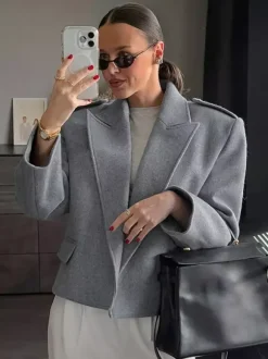 Oatmeal Wide Lapel Women's Short Blazer - Padded Shoulder Boxy Fit Jacket - Chic Spring Street Outfits 2026