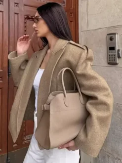 Oatmeal Wide Lapel Women's Short Blazer - Padded Shoulder Boxy Fit Jacket - Chic Spring Street Outfits 2026