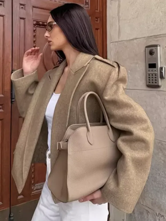 Oatmeal Wide Lapel Women's Short Blazer - Padded Shoulder Boxy Fit Jacket - Chic Spring Street Outfits 2026