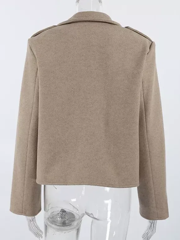 Oatmeal Wide Lapel Women's Short Blazer - Padded Shoulder Boxy Fit Jacket - Chic Spring Street Outfits 2026