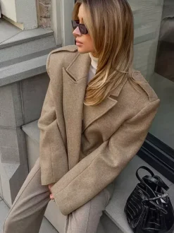 Oatmeal Wide Lapel Women's Short Blazer - Padded Shoulder Boxy Fit Jacket - Chic Spring Street Outfits 2026
