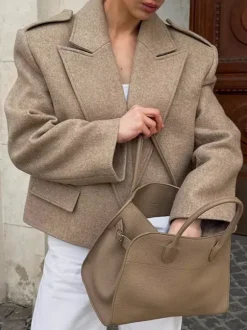 Oatmeal Wide Lapel Women's Short Blazer - Padded Shoulder Boxy Fit Jacket - Chic Spring Street Outfits 2026