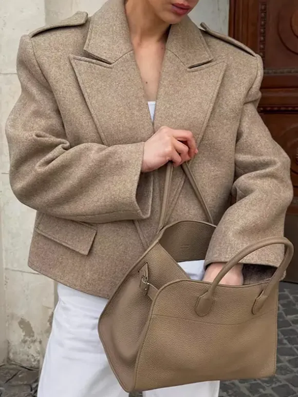 Oatmeal Wide Lapel Women's Short Blazer - Padded Shoulder Boxy Fit Jacket - Chic Spring Street Outfits 2026