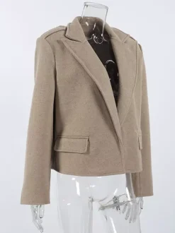 Oatmeal Wide Lapel Women's Short Blazer - Padded Shoulder Boxy Fit Jacket - Chic Spring Street Outfits 2026