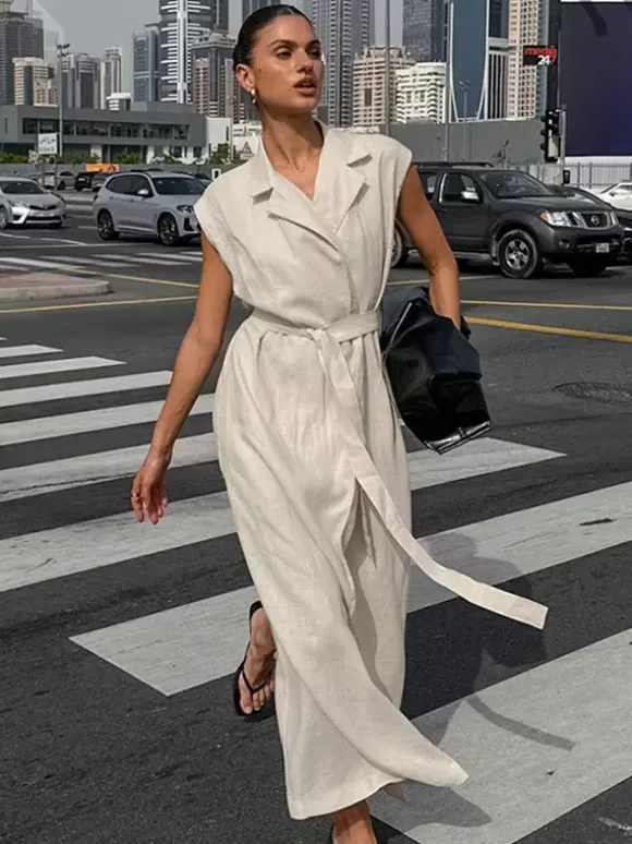 Oatmeal Linen Cotton Blend Women's Shirt Dress - Sleeveless Notched Lapel Long Dress With Pocket - Elegant Belted Summer Office Wear 2026
