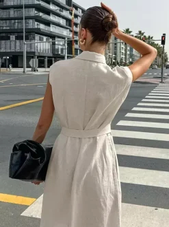 Oatmeal Linen Cotton Blend Women's Shirt Dress - Sleeveless Notched Lapel Long Dress With Pocket - Elegant Belted Summer Office Wear 2026
