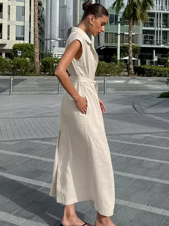 Oatmeal Linen Cotton Blend Women's Shirt Dress - Sleeveless Notched Lapel Long Dress With Pocket - Elegant Belted Summer Office Wear 2026