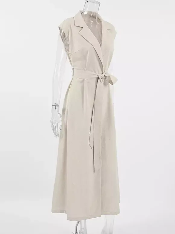 Oatmeal Linen Cotton Blend Women's Shirt Dress - Sleeveless Notched Lapel Long Dress With Pocket - Elegant Belted Summer Office Wear 2026