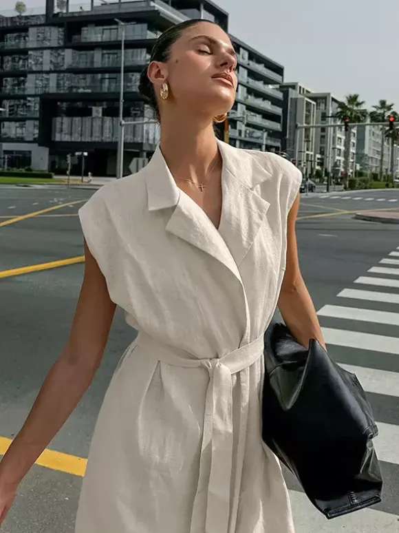 Oatmeal Linen Cotton Blend Women's Shirt Dress - Sleeveless Notched Lapel Long Dress With Pocket - Elegant Belted Summer Office Wear 2026