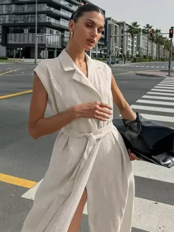 Oatmeal Linen Cotton Blend Women's Shirt Dress - Sleeveless Notched Lapel Long Dress With Pocket - Elegant Belted Summer Office Wear 2026