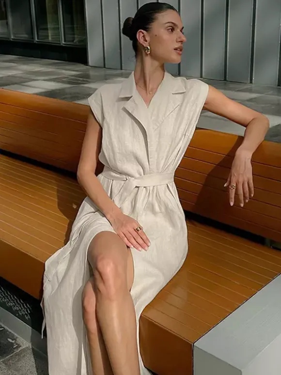 Oatmeal Linen Cotton Blend Women's Shirt Dress - Sleeveless Notched Lapel Long Dress With Pocket - Elegant Belted Summer Office Wear 2026