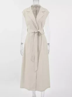 Oatmeal Linen Cotton Blend Women's Shirt Dress - Sleeveless Notched Lapel Long Dress With Pocket - Elegant Belted Summer Office Wear 2026