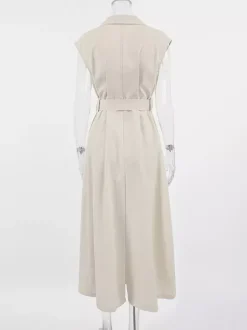 Oatmeal Linen Cotton Blend Women's Shirt Dress - Sleeveless Notched Lapel Long Dress With Pocket - Elegant Belted Summer Office Wear 2026