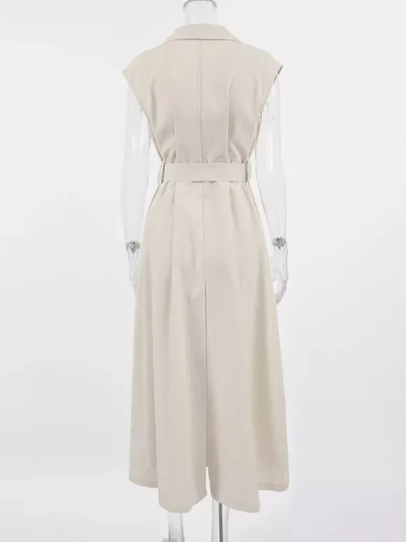 Oatmeal Linen Cotton Blend Women's Shirt Dress - Sleeveless Notched Lapel Long Dress With Pocket - Elegant Belted Summer Office Wear 2026