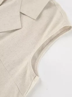 Oatmeal Linen Cotton Blend Women's Shirt Dress - Sleeveless Notched Lapel Long Dress With Pocket - Elegant Belted Summer Office Wear 2026