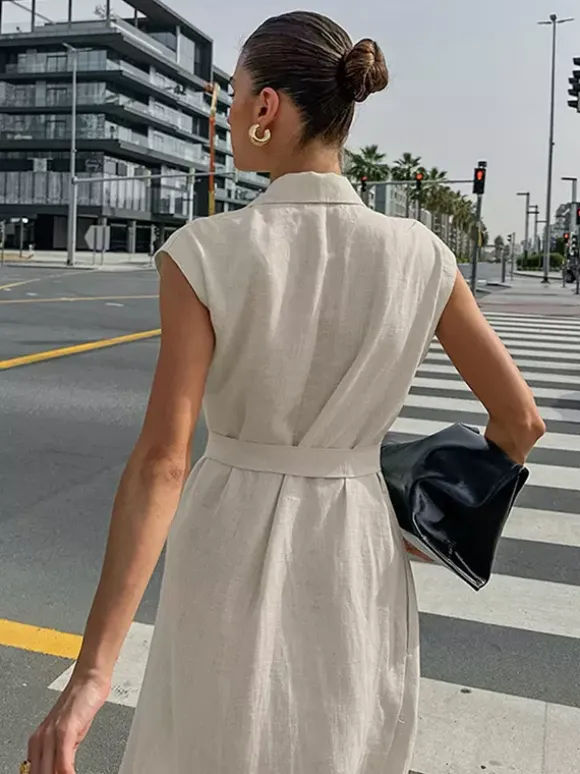 Oatmeal Linen Cotton Blend Women's Shirt Dress - Sleeveless Notched Lapel Long Dress With Pocket - Elegant Belted Summer Office Wear 2026