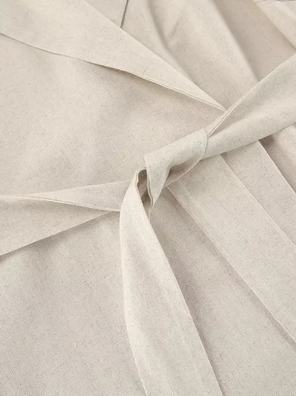 Oatmeal Linen Cotton Blend Women's Shirt Dress - Sleeveless Notched Lapel Long Dress With Pocket - Elegant Belted Summer Office Wear 2026