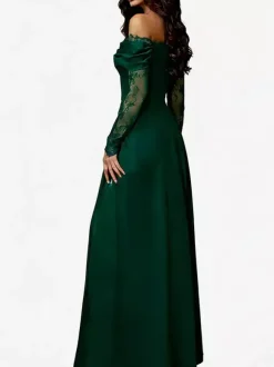 Off Shoulder Eyelash Lace Long Sleeve Slit A-Line Maxi Evening Gown