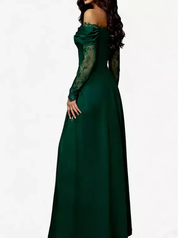 Off Shoulder Eyelash Lace Long Sleeve Slit A-Line Maxi Evening Gown