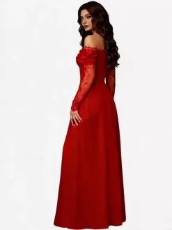 Off Shoulder Eyelash Lace Long Sleeve Slit A-Line Maxi Evening Gown