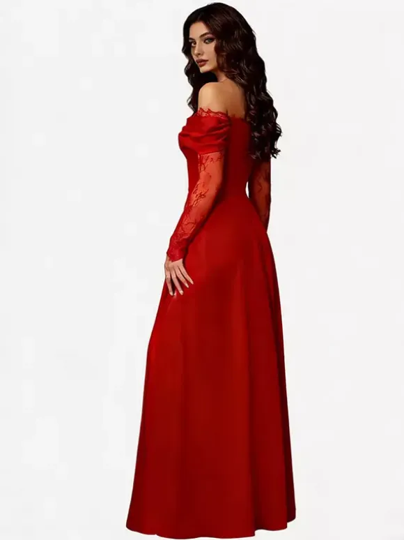 Off Shoulder Eyelash Lace Long Sleeve Slit A-Line Maxi Evening Gown