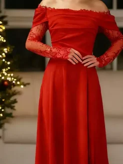 Off Shoulder Eyelash Lace Long Sleeve Slit A-Line Maxi Evening Gown