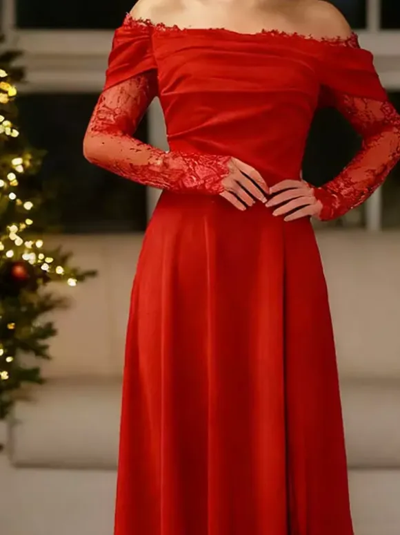 Off Shoulder Eyelash Lace Long Sleeve Slit A-Line Maxi Evening Gown