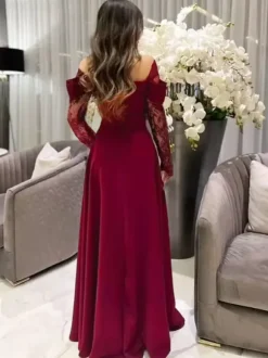 Off Shoulder Eyelash Lace Long Sleeve Slit A-Line Maxi Evening Gown