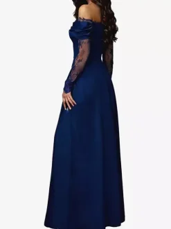 Off Shoulder Eyelash Lace Long Sleeve Slit A-Line Maxi Evening Gown