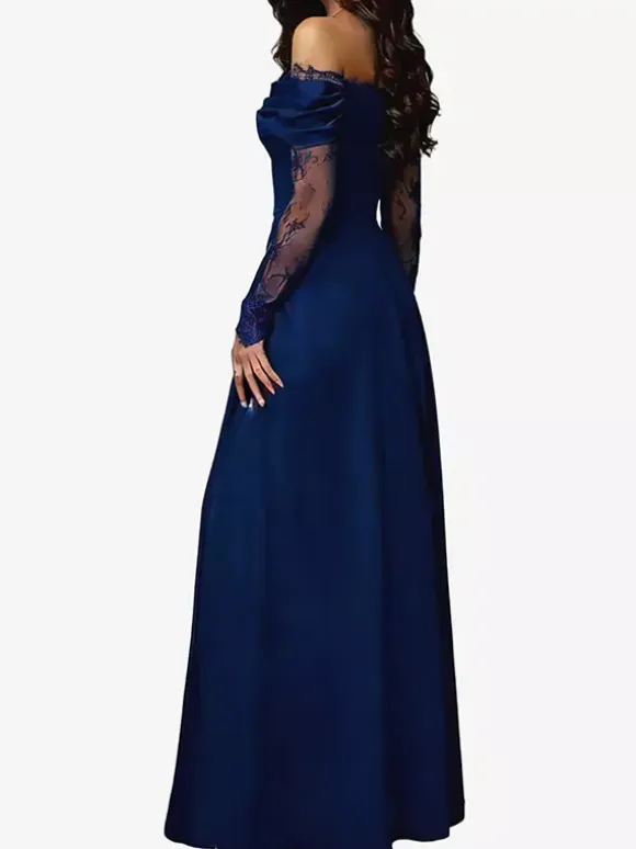 Off Shoulder Eyelash Lace Long Sleeve Slit A-Line Maxi Evening Gown