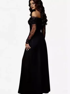 Off Shoulder Eyelash Lace Long Sleeve Slit A-Line Maxi Evening Gown