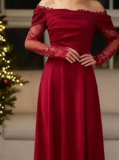 Off Shoulder Eyelash Lace Long Sleeve Slit A-Line Maxi Evening Gown