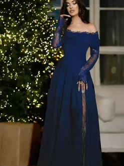 Off Shoulder Eyelash Lace Long Sleeve Slit A-Line Maxi Evening Gown