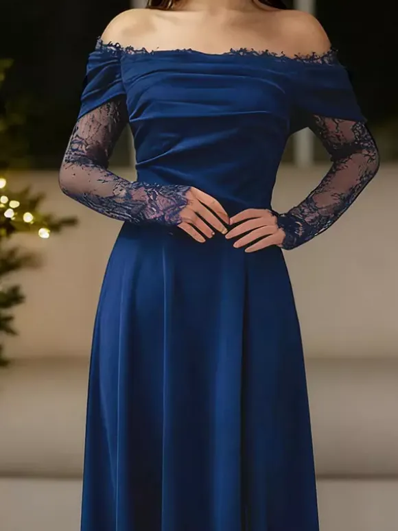 Off Shoulder Eyelash Lace Long Sleeve Slit A-Line Maxi Evening Gown