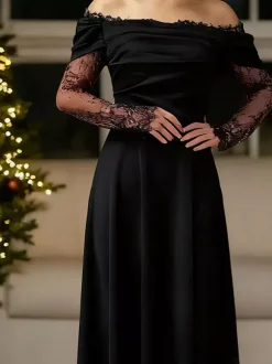 Off Shoulder Eyelash Lace Long Sleeve Slit A-Line Maxi Evening Gown