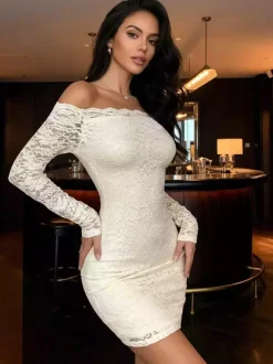 Off Shoulder Floral Lace Bodycon Long Sleeve Mini Party Dress For Women 2026