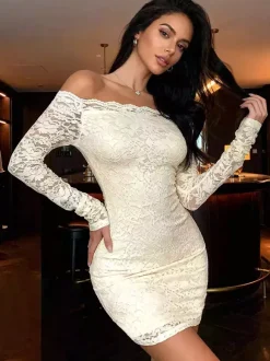 Off Shoulder Floral Lace Bodycon Long Sleeve Mini Party Dress For Women 2026