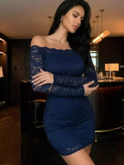 Off Shoulder Floral Lace Bodycon Long Sleeve Mini Party Dress For Women 2026