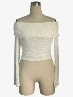 Off Shoulder Floral Lace Long Sleeve Ruched Slim Fit Top For Women 2026