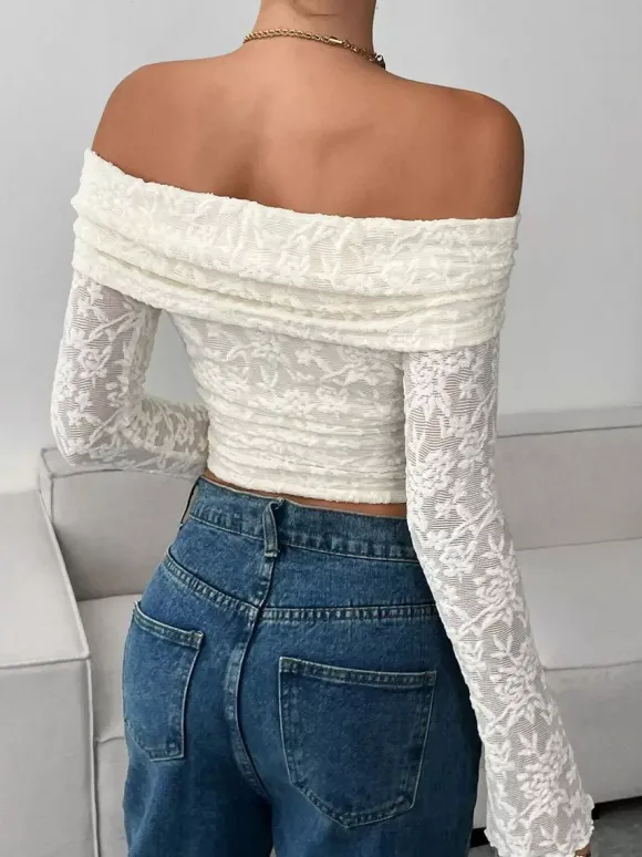 Off Shoulder Floral Lace Long Sleeve Ruched Slim Fit Top For Women 2026