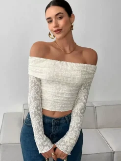 Off Shoulder Floral Lace Long Sleeve Ruched Slim Fit Top For Women 2026