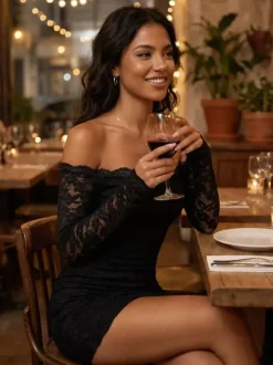 Off Shoulder Lace Bodycon Long Sleeve Mini Dress For Women 2026