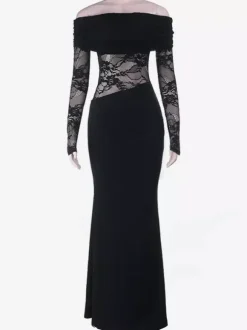 Off Shoulder Lace Patchwork Maxi Dress For Women - Black Gothic Sheer Sleeve Bodycon Gown - Spring Gala Party Outfits 2026