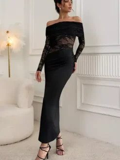 Off Shoulder Lace Patchwork Maxi Dress For Women - Black Gothic Sheer Sleeve Bodycon Gown - Spring Gala Party Outfits 2026