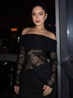 Off Shoulder Lace Patchwork Maxi Dress For Women - Black Gothic Sheer Sleeve Bodycon Gown - Spring Gala Party Outfits 2026