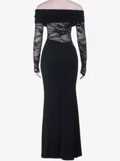 Off Shoulder Lace Patchwork Maxi Dress For Women - Black Gothic Sheer Sleeve Bodycon Gown - Spring Gala Party Outfits 2026
