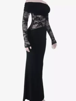 Off Shoulder Lace Patchwork Maxi Dress For Women - Black Gothic Sheer Sleeve Bodycon Gown - Spring Gala Party Outfits 2026