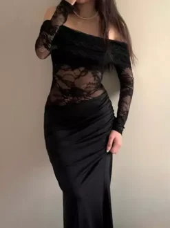 Off Shoulder Lace Patchwork Maxi Dress For Women - Black Gothic Sheer Sleeve Bodycon Gown - Spring Gala Party Outfits 2026