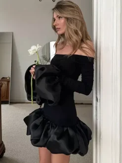 Off Shoulder Puff Hem Ruched Long Sleeve Bodycon Mini Dress For Women 2026